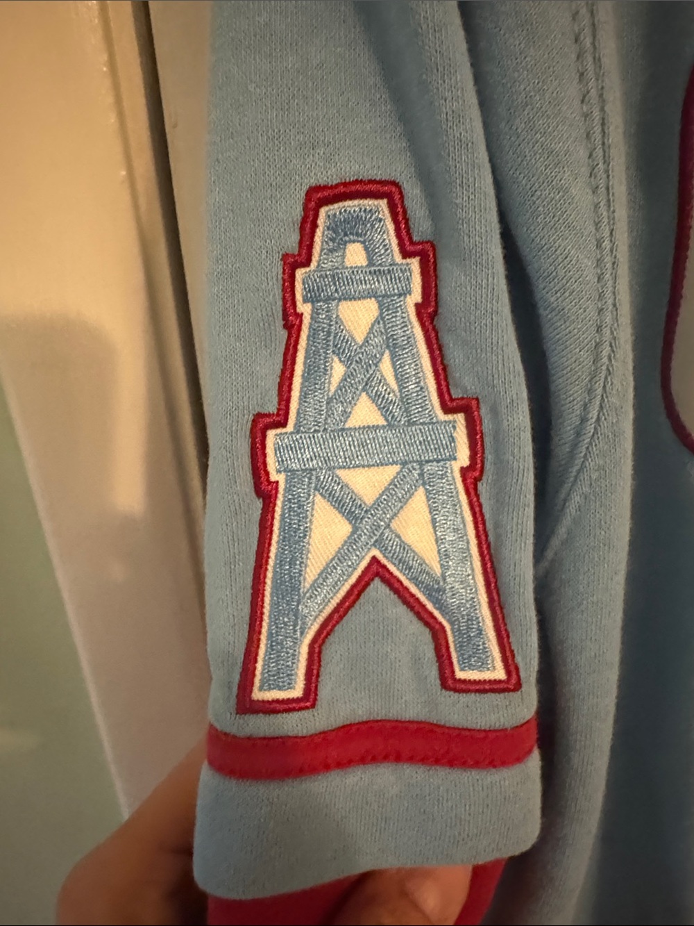 Houston Oilers Tennessee Titans Two-Tone Light Blue & Red Pullover Hoodie - Picture 3 of 6